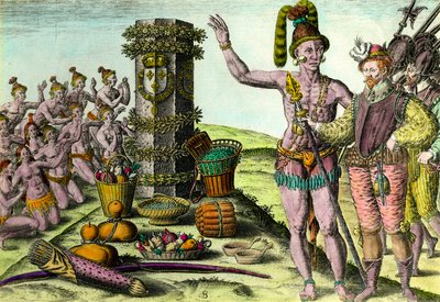Die Floridianer kamen zur von dem französischen Navigator Jean Ribault (1520-1565) errichteten Säule der ersten Expedition nach Florida. Gravur aus „Geschichte Amerikas“ von Theodore De Bry (1528-1598) 16. Jahrhundert von Theodore de Bry