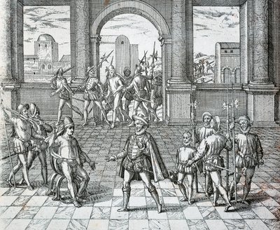 Der Inka-König Atahualpa wird von Spaniern in Cajamarca gefangen genommen, Illustration aus der amerikanischen Geschichte von Theodore de Bry