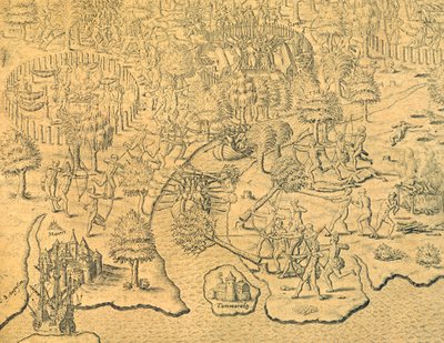 Der portugiesische Vorstoß ins Landesinnere und der Angriff eines einheimischen Stammes von Theodore de Bry