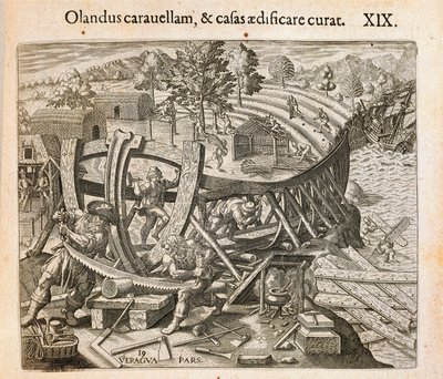 Die Spanier bauen ihr erstes Schiff in der Neuen Welt, Gravur aus Americae pars quarta, sive, Insignis et admiranda historia de reperta primum Occidentali India Christophoro Columbo von Theodore de Bry