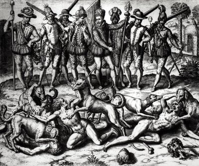 Die Hunde von Vasco Nunez de Balboa greifen die Indianer an von Theodore de Bry