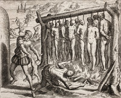 Dreizehn gehängte und verbrannte Opfer, Darstellung der von spanischen Siedlern an Indianern verübten Verbrechen aus 