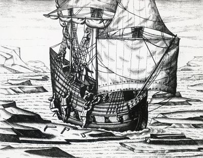 Schiff von William Barents während der dritten niederländischen Expedition auf der Suche nach der Nordostpassage, von Theodor de Bry, Stich von Theodore de Bry