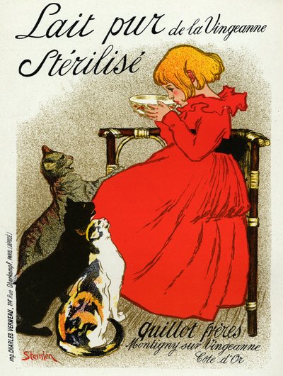 Essen und Trinken. Vingeanne-Milch. Kleines Mädchen mit Katzen. Plakat von Steinlen, Frankreich, ca. 1890 (Plakat) von Théophile Alexandre Steinlen