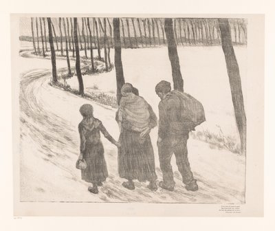 Mann und Frau mit zwei Kindern gehen über einen Landweg von Théo van Rysselberghe