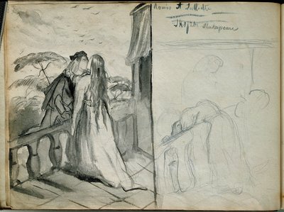 Die Liebenden Romeo und Julia. Illustration des gleichnamigen Stücks von William Shakespeare (1564-1616), die Liebende zeigt, die sich auf dem Balkon küssen. Skizze von Theodore Chasseriau (1819-1856) Paris. Louvre Museum von Théodore Chassériau