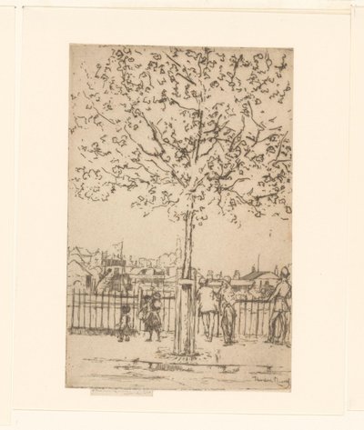 Sechs Figuren an einem Zaun entlang eines Flusses, im Vordergrund ein Baum von Théodore Roussel (signed by artist)