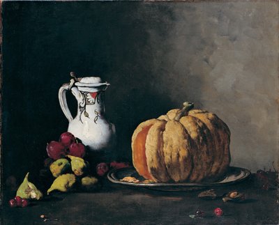 Stillleben mit Kürbis, Pflaumen, Kirschen, Feigen und Krug von Théodule Augustin Ribot