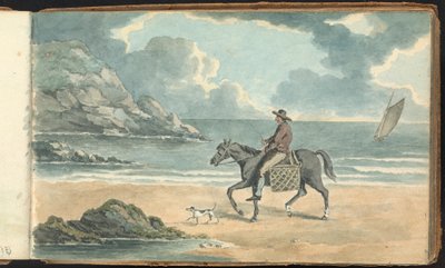 Album mit Landschafts- und Figurenstudien: Mann reitet ein Pferd am Strand von Thomas Bradshaw