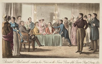Bernard Blackmantle liest seine Farce im Green Room des Covent Garden Theatre, aus The English Spy, veröffentlicht 1824 von Thomas Charles Wageman