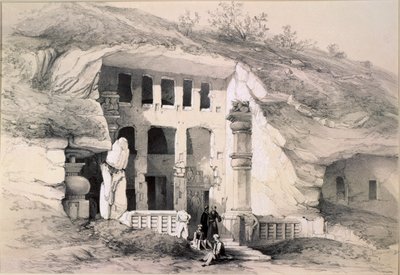 Kannari, Außenansicht der Großen Chaitya-Höhle, 1845 von Thomas Colman Dibdin