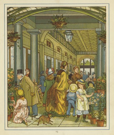 Innenansicht von Menschen zwischen den zum Verkauf stehenden Blumen im Covent Garden von Thomas Crane