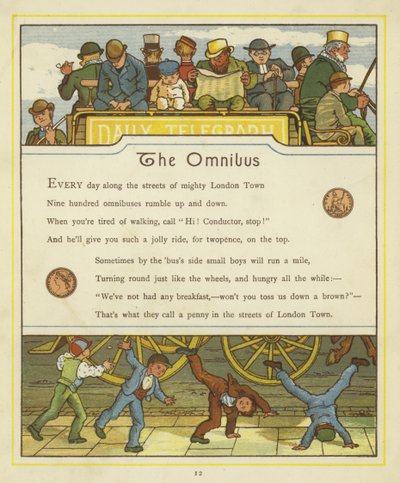 Passagiere reisen im Omnibus, während Kinder unten auf der Straße Rad schlagen von Thomas Crane