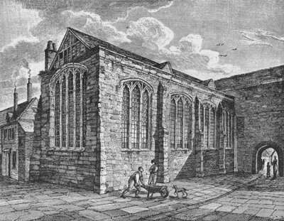 Nordostansicht der Kapelle der Heiligen Dreifaltigkeit, Leadenhall, City of London, um 1825 von Thomas Dale