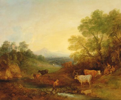Eine Landschaft mit Vieh und Figuren an einem Bach und einer entfernten Brücke von Thomas Gainsborough
