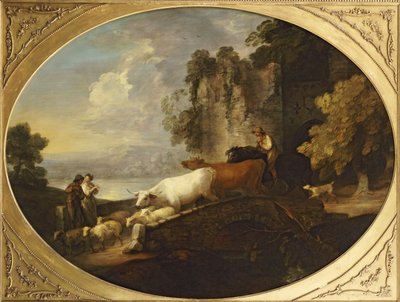 Eine Flusslandschaft mit rustikalen Liebhabern, ein berittener Hirte treibt Rinder und Schafe über eine Brücke mit einer Ruine im Hintergrund von Thomas Gainsborough