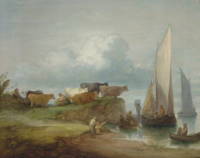 Rinder an einem Flussufer mit Segelbooten von Thomas Gainsborough