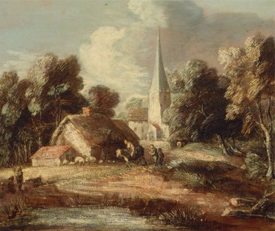 Landschaft mit Hütte und Kirche von Thomas Gainsborough
