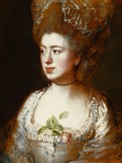 Porträt von Miss Mary Gainsborough, später Mrs. Fischer, die Tochter des Künstlers, Kopf und Schultern, nach rechts gewandt, in einem blau-weißen Kleid mit einer rosa Rose im Korsett von Thomas Gainsborough
