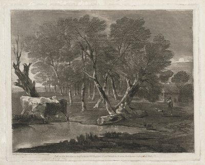 Waldlandschaft mit Kühen an einem Teich, Figuren und Hütte, veröffentlicht 1797 von Thomas Gainsborough