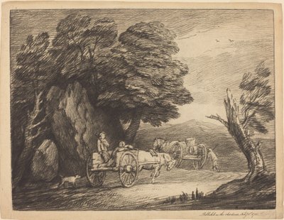 Bewaldete Landschaft mit zwei Landkarren und Figuren von Thomas Gainsborough
