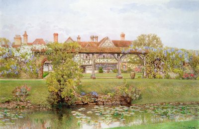 Great Tangley Manor, Surrey, mit dem Seerosenteich und überdachtem Weg von Thomas H. Hunn