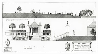 Southport: Abschnitt und Details der oberen Terrasse und Wände, aus Thomas Mawsons 