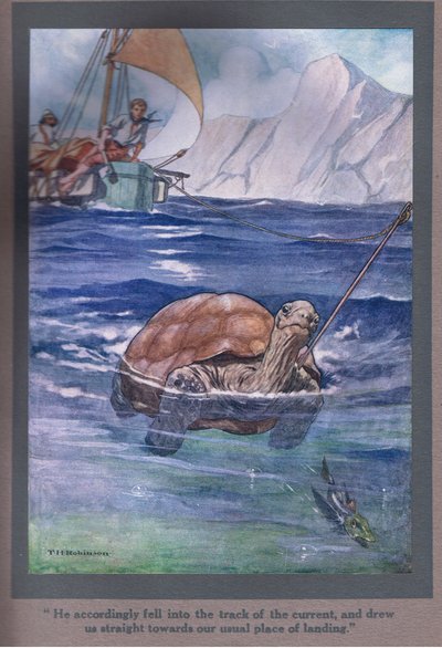 Er fiel dementsprechend in die Strömung und zog uns direkt zu unserem üblichen Landeplatz von Thomas Heath Robinson