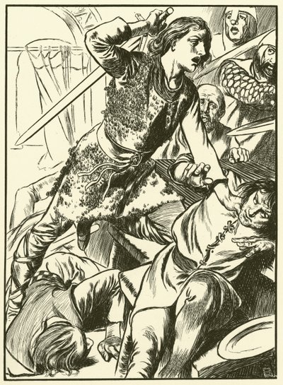 Hereward und seine Männer greifen die Normannen an von Thomas Heath Robinson