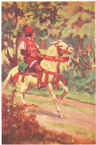 Robin und sein Begleiter sahen Meister Patrington auf sie zureiten von Thomas Heath Robinson