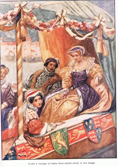 Unter einem Baldachin des Staates segelte Jane in der Barke davon von Thomas Heath Robinson