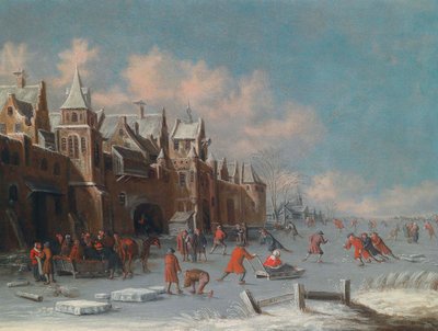 Schlittschuhläufer auf dem Eis vor den Toren einer niederländischen Stadt von Thomas Heeremans