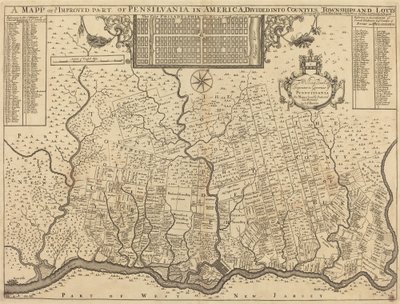 Eine Karte des verbesserten Teils von Pennsylvania in Amerika, unterteilt in Grafschaften, Gemeinden und Grundstücke von Thomas Holme