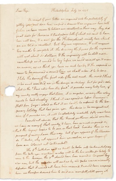 Autographenbrief an John Page, Philadelphia, 30. Juli 1776 von Thomas Jefferson