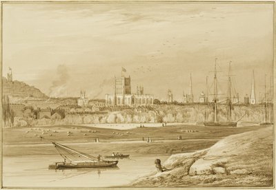 Bristol von der Coronation Road mit Cumberland Road, dem New Cut und einem Blick auf die Kirchen von Bristol von Thomas Leeson the Elder Rowbotham
