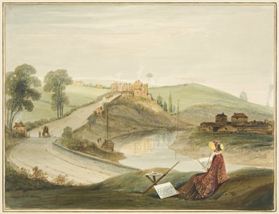 Totterdown und Pile Hill von der Bath Road, zeigt die Brislington Turnpike (mit einer Miss Braikenridge? beim Skizzieren) von Thomas Leeson the Elder Rowbotham