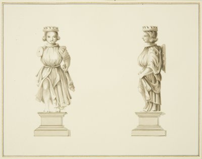 Zwei Ansichten einer geschnitzten Holzfigur im Vestraum der St John
