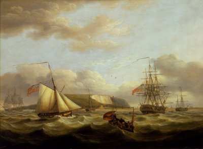Ein Kutter passiert hinter einer Fregatte, frühes 19. Jahrhundert von Thomas Luny