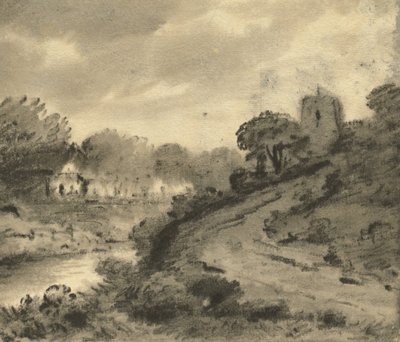 Bewaldete Flusslandschaft mit einem Felsen im Vordergrund links, ca. 1800 von Thomas Monro