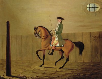 Herr auf einem Braunen Pferd in einer Reitschule von Thomas Parkinson