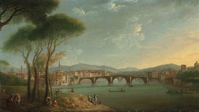 Ein Blick auf den Arno, Florenz, von den Cascine-Gärten, mit Figuren, die im Vordergrund fischen und auf den Felsen ruhen, die Ponte alla Carità und die Ponte Vecchio im Hintergrund von Thomas Patch