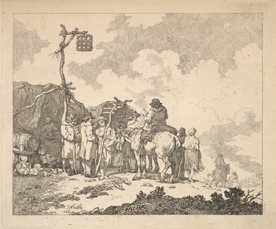 Ein Jahrmarkt - Eine Gruppe von Zigeunern - Männer und Frauen in rustikaler Kleidung vor zwei provisorischen Zelten, 1786 von Thomas Rowlandson