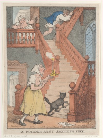 Eine alte Jungfer riecht Feuer von Thomas Rowlandson