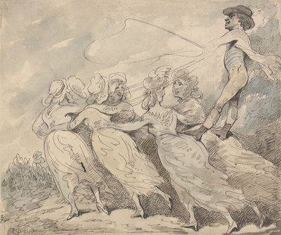 Ein Mann, der ein Team von sechs Mädchen führt von Thomas Rowlandson