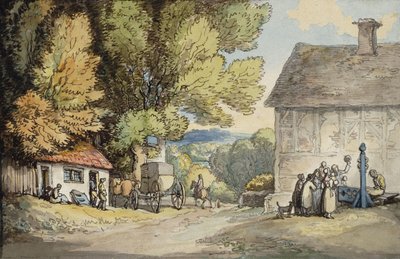 Ein Dorfplatz: eine Kutsche hält unter einem Baum, mit einem Mann im Pranger und einer Gruppe von Zuschauern von Thomas Rowlandson