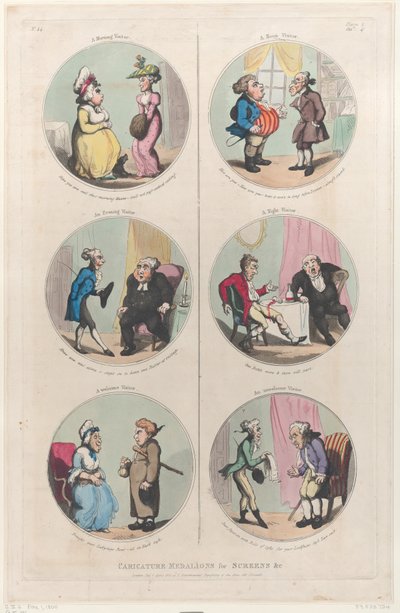 Karikaturmedaillons für Bildschirme &c: Ein Morgenbesucher, Ein Abendbesucher, Ein We..., 1. April 1800 von Thomas Rowlandson