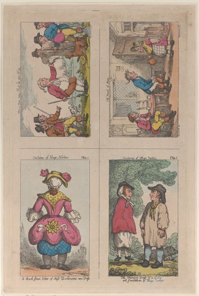 Kostüm von Hogs Norton, Wie ein Mann seine eigene Perücke schießen kann, und Das Mädchen von Mim, 1809 von Thomas Rowlandson