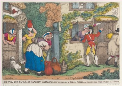 Sterben aus Liebe, oder Captain Careless, von einem fünfzehnjährigen Mädchen unerwartet erschossen, 1810 von Thomas Rowlandson