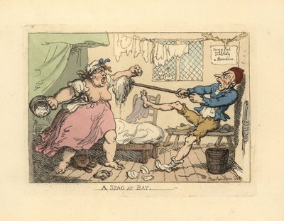 Ehemann hält seine wütende Frau mit einem Mopp ab von Thomas Rowlandson