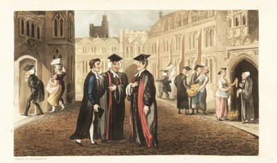 Johnny in Roben spricht mit Dons an der Universität Oxford, während andere Gelehrte und Studenten Mais von Lebensmittelhändlern kaufen und Dienstmädchen belästigen von Thomas Rowlandson